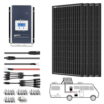 Solar panel system with controller, cables, and connectors on a white background