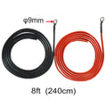 Two coiled cables, one black and one red, with specifications