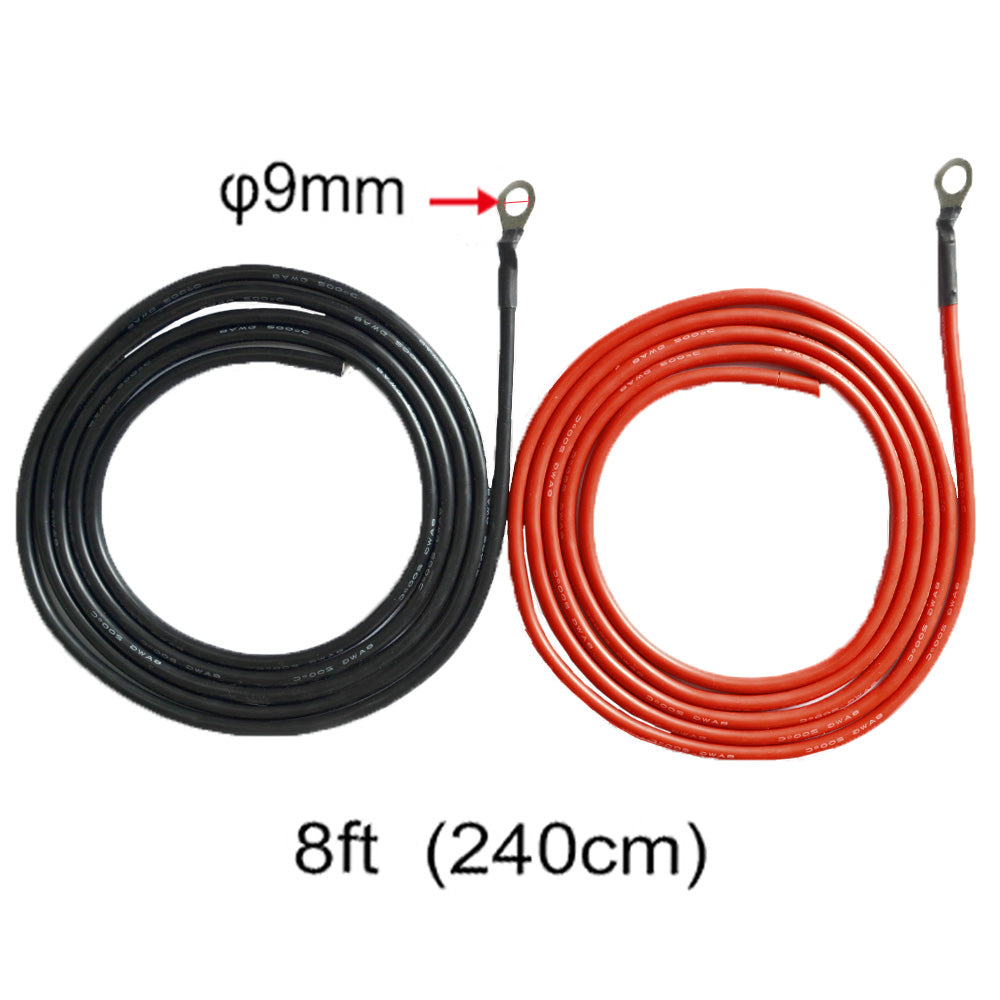Two coiled cables, one black and one red, with specifications