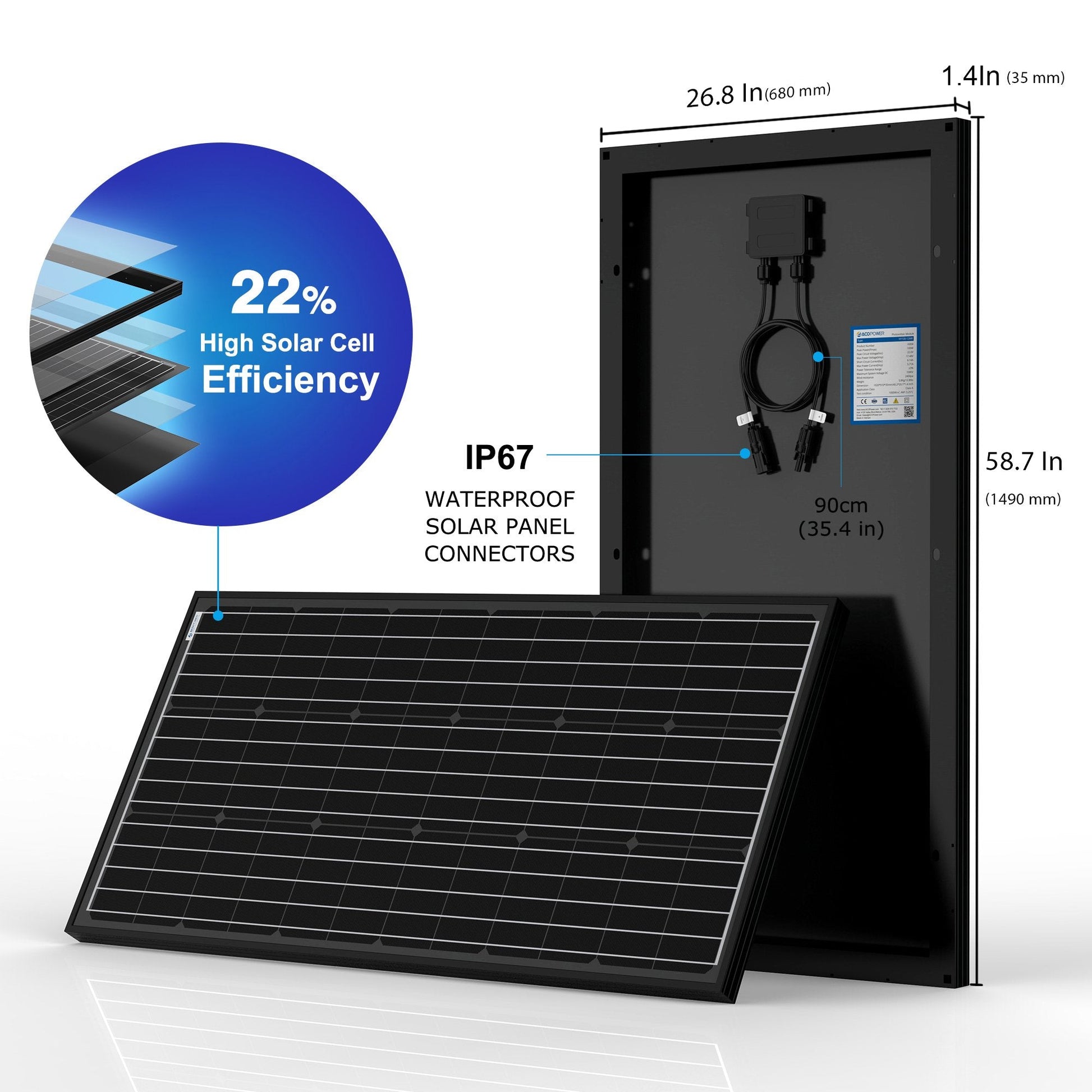 Solar panel with specifications including high solar cell efficiency and waterproof connectors