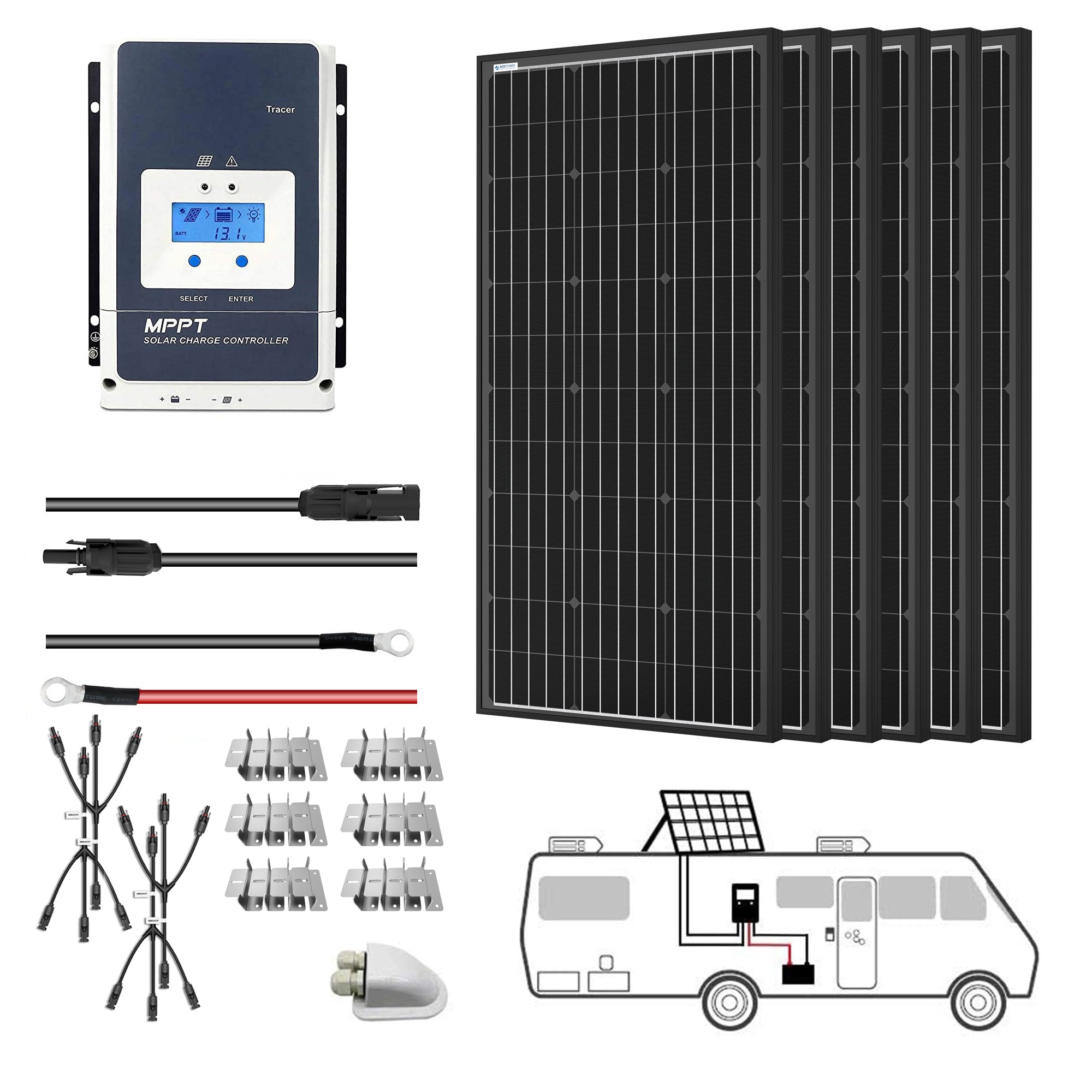 ACOPOWER 600W Mono Solar RV Kits,  50A MPPT Charge Controller (6x100W 50A)