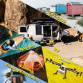 Collage of outdoor activities and equipment with a van, kayaks, camping gear, and an RV