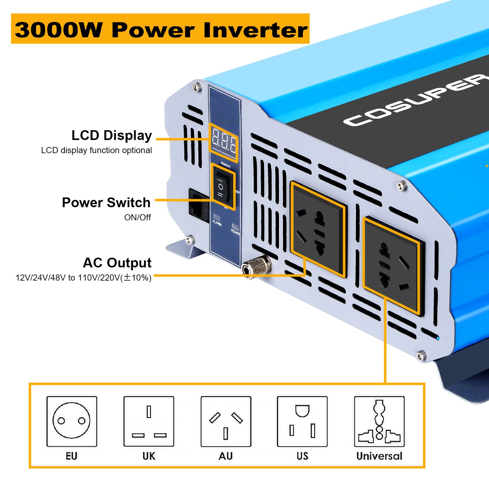 Cosuper 3000W power inverter with labeled features