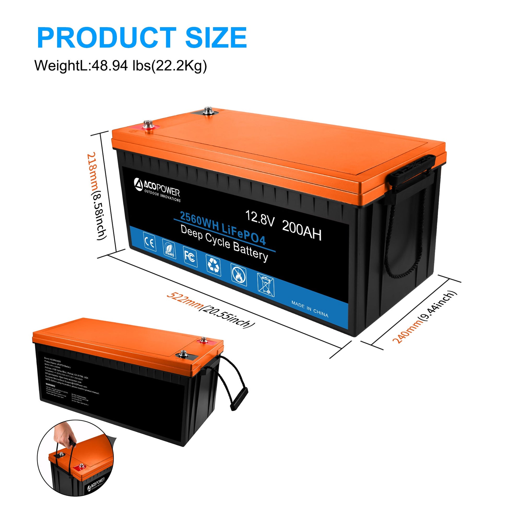 LiFePO4 Deep Cycle Lithium Battery with dimensions and weight information
