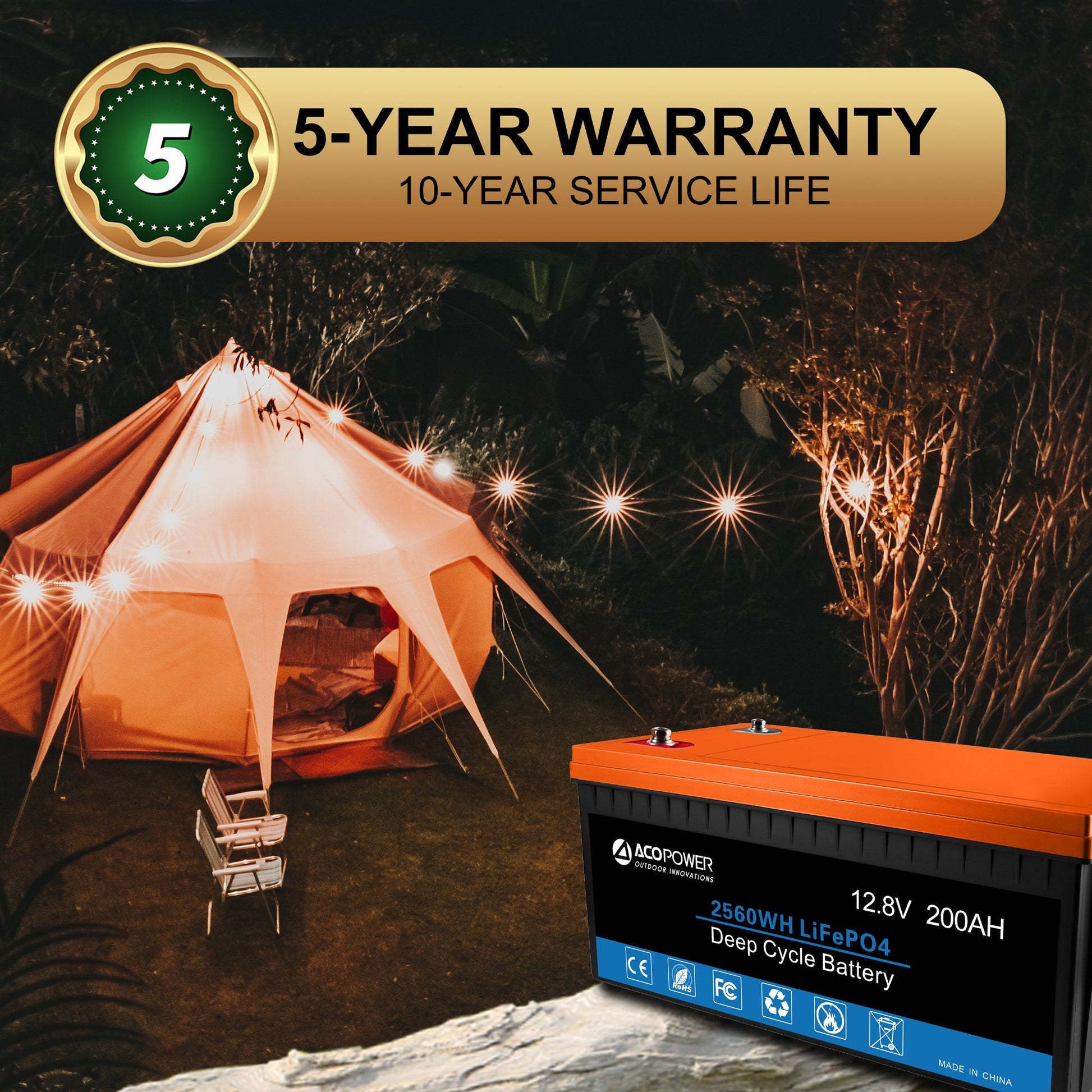 Camping scene with a tent and lithium battery 5-year warranty