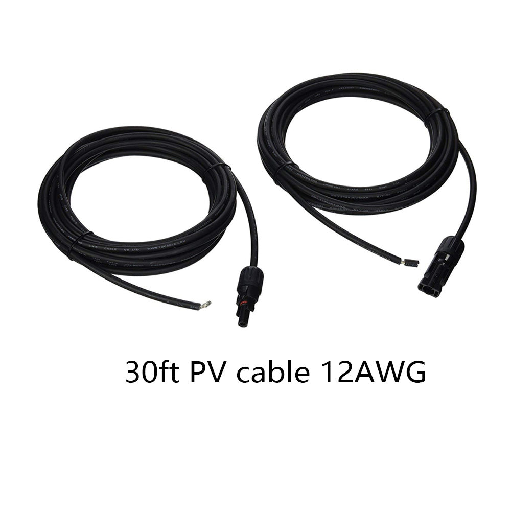 Two coiled black PV cables with connectors labeled 30ft PV cable 12AWG