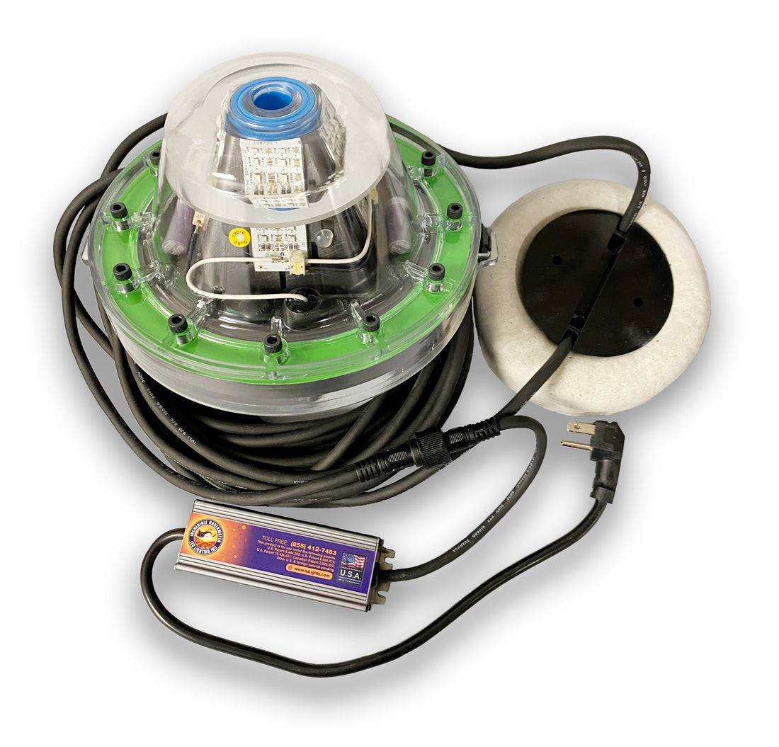 Electrical component with green casing, black cable, and white connector on a white background