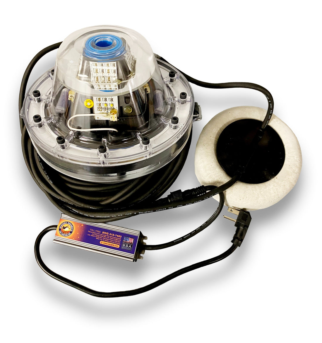 Electrical component with green casing, black cable, and white connector on a white background