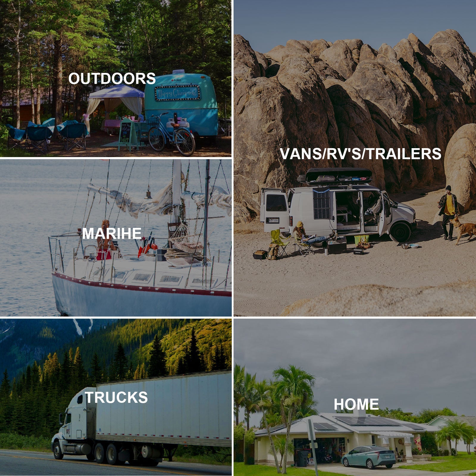 Collage of images with text labels on outdoor, vans, RVs trailers, marine, trucks and home settings