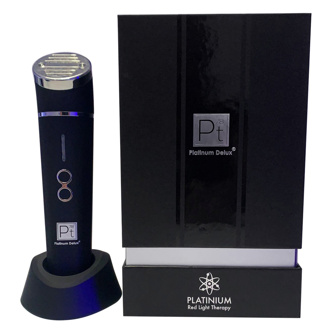 Platinum Deluxe red light therapy device with packaging and FDA and dermatologist recommended badges